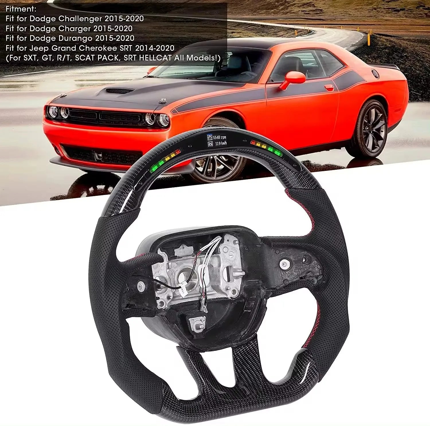 LED Carbon Fiber Steering Wheel For Dodge Challenger Charger Durango HELLCAT 2015-2020 Jeep Grand Cherokee SRT 2014-2020