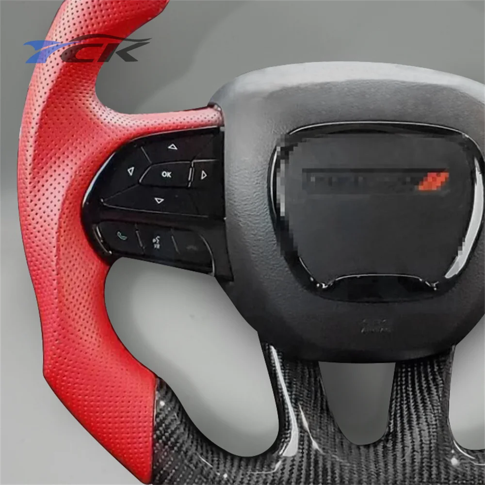 Steering Wheel Carbon Fiber Red Leather Red Ring For Dodge Charger 2015 2016 2017 2018 2019 2020 2021 2022 2023 2024