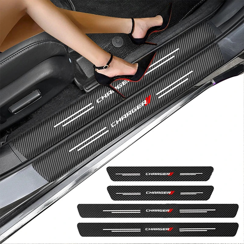 Carbon Fiber Car Door Sill Threshold Protector Auto Stickers Decals For DODGE CHARGER Logo Accessories