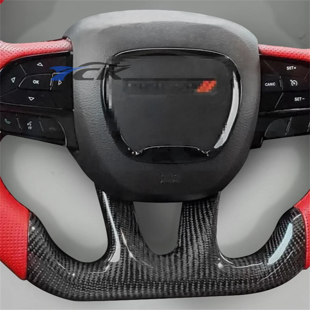 Steering Wheel Carbon Fiber Red Leather Red Ring For Dodge Charger 2015 2016 2017 2018 2019 2020 2021 2022 2023 2024