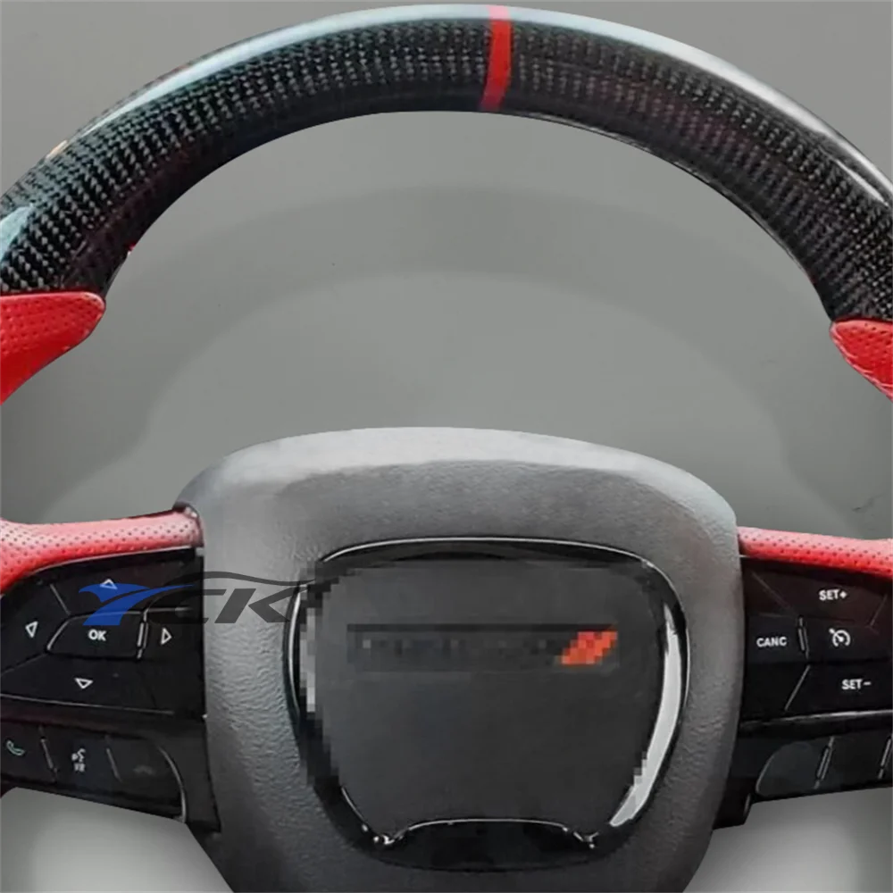 Steering Wheel Carbon Fiber Red Leather Red Ring For Dodge Charger 2015 2016 2017 2018 2019 2020 2021 2022 2023 2024