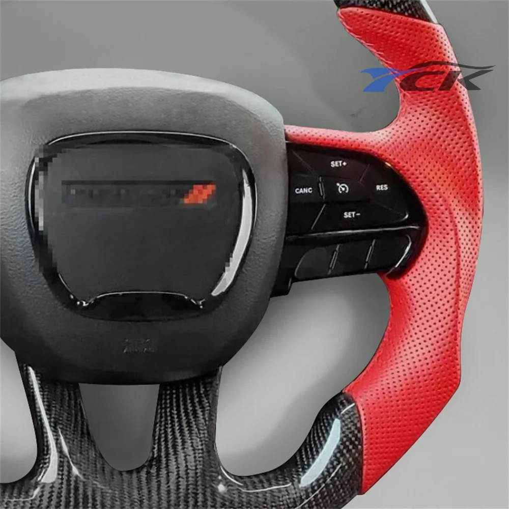 Steering Wheel Carbon Fiber Red Leather Red Ring For Dodge Charger 2015 2016 2017 2018 2019 2020 2021 2022 2023 2024